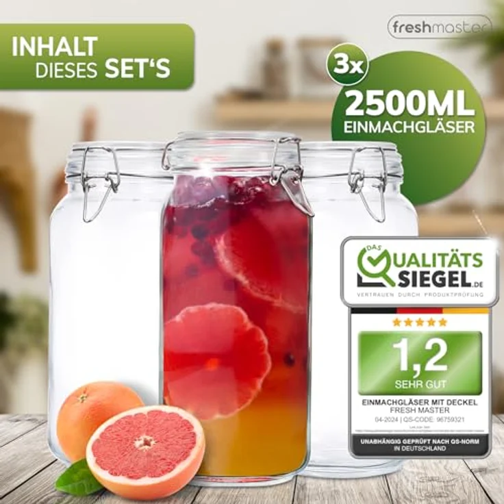 Fresh Master Einmachgläser mit Deckel - Set aus bruchsicherem Glas, Spezialdichtung und Edelstahl Bügelverschluss - Marmeladengläser Gläser Set, 3 x 2500ml – Bild 7