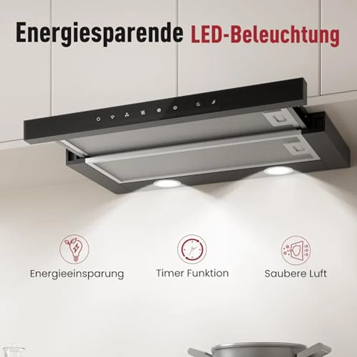 LEVIVO Flachschirmhaube 60cm, A+++ Dunstabzugshaube mit 750 m³/h, Umluft & Abluft, 3 Stufen, 2 Booster, Edelstahl Design, 2 Aktivkohlefilter, 2 Fettfilter – Bild 4