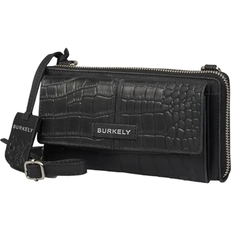Burkely Cool Colbie Phone Wallet, Damen Handtasche mit RFID-Schutz, Schwarz, 12 Kartenfächer, 3D-Kroko-Print