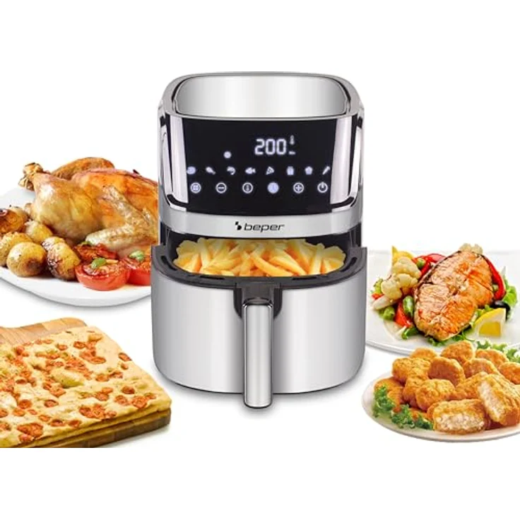 BEPER P101FRI070 Quadratische Heißluftfritteuse, Digitale Fritteuse 7L, Ölfreies Frittieren, Touch-Display, 8 Programme, Einstellbar bis 200°C, Timer 60 Minuten, Automatische Abschaltung, Stahl – Bild 1