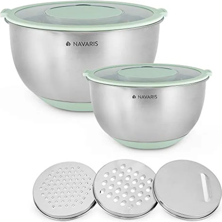 Navaris Edelstahl Schüssel Schale mit Deckel - 2x Rührschüssel Salatschüssel - inkl. 3x Reibe - Set Edelstahlschüssel Schüsselset in Mintgrün