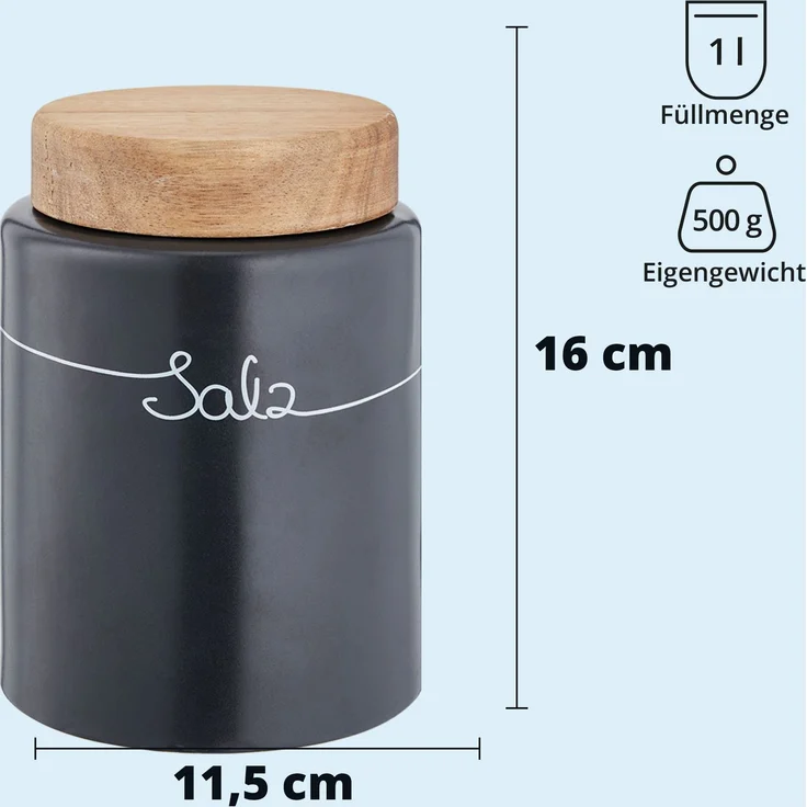 KHG Salz Aufbewahrung Keramik Steingut poliert, Anthrazit Grau Holz-Deckel Bambus, Salzdose luftdicht rund & mit Beschriftung, Vorratsdose Salz Höhe 16 cm & 11,5 cm – Bild 7