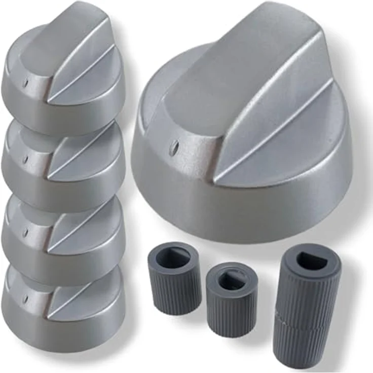 DL-pro 5x Universal Drehknopf Set Ø 42mm, Herdknöpfe mit 6mm und 8mm Adaptern, silbern, für Backofen und Gasherd – Bild 1