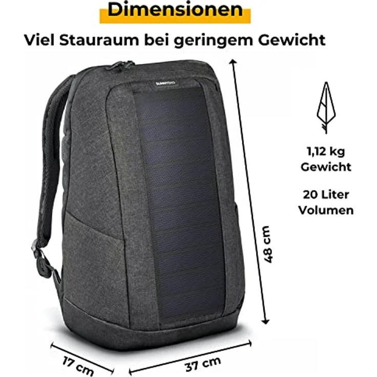 SUNNYBAG Iconic Solar-Rucksack mit integriertem 7 Watt Solar-Panel | USB-Anschluss | Wireless-Charging | 17-Zoll Laptopfach | 20 Liter | Wasserabweisendes Recycling-Textil | Graphite – Bild 2