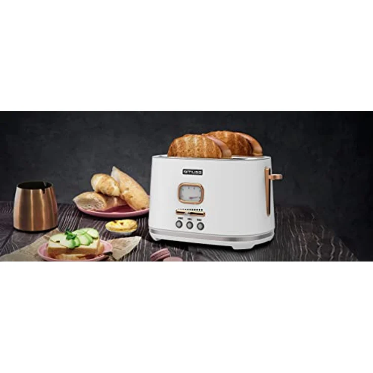 Muse Edelstahl-toaster im weißen retro Design, analoge Anzeige, beleuchtete Tasten, 6 Bräungsstufen, 2 Scheiben, MS-130 W, Vintage Look, mit Krümelschublade – Bild 3