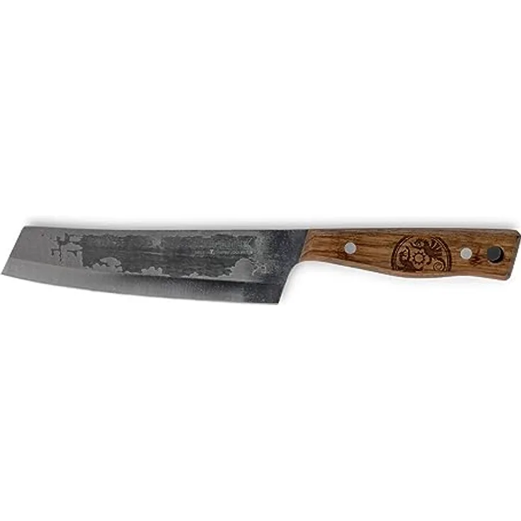Petromax Kochmesser - handgefertigt in Solingen - Messer aus rostfreiem Stahl mit Oxidschicht - Küchenmesser mit Holzgriff - 17 cm Klingenlänge - 3 mm Stärke
