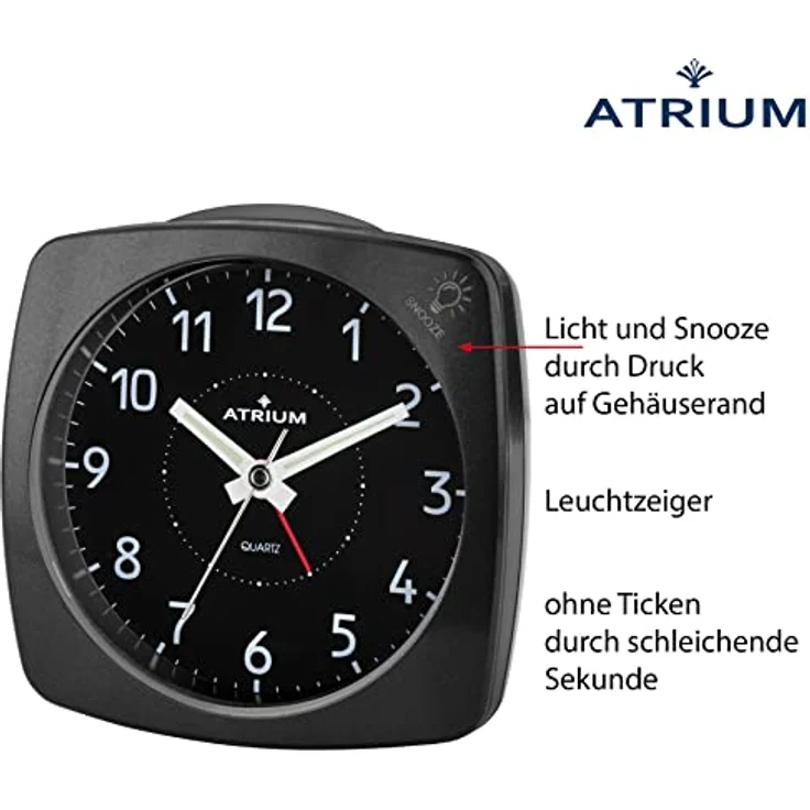 Atrium A251-7, Analog Quarz Wecker ohne Ticken, mit Licht und Snooze, Schwarz Metallic, 8,5 x 8,5 x 4 cm – Bild 2