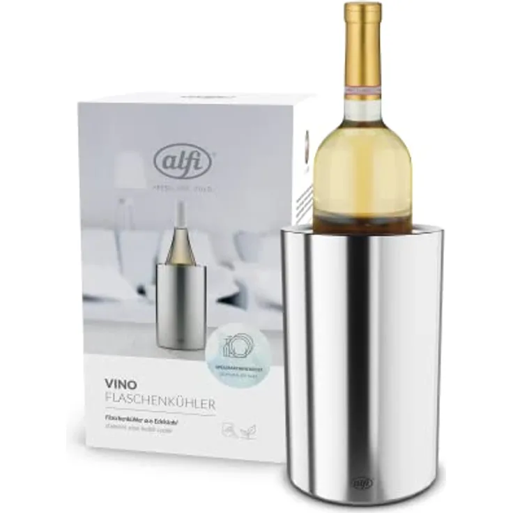 alfi VINO, stainless steel polished, Flaschenkühler aus Edelstahl für 0,70 bis 1l Flaschen, Weinkühler, Sektkühler, Kühlhalten ohne Kondenswasser und Eiswürfel, spülmaschinenfest, BPA-frei