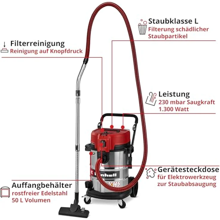 Einhell Nass-Trocken-Sauger TE-VC 5090 SACL, 1300 W mit HEPA-Filter, 50 Liter Edelstahlbehälter und innovativem Filterreinigungssystem – Bild 3