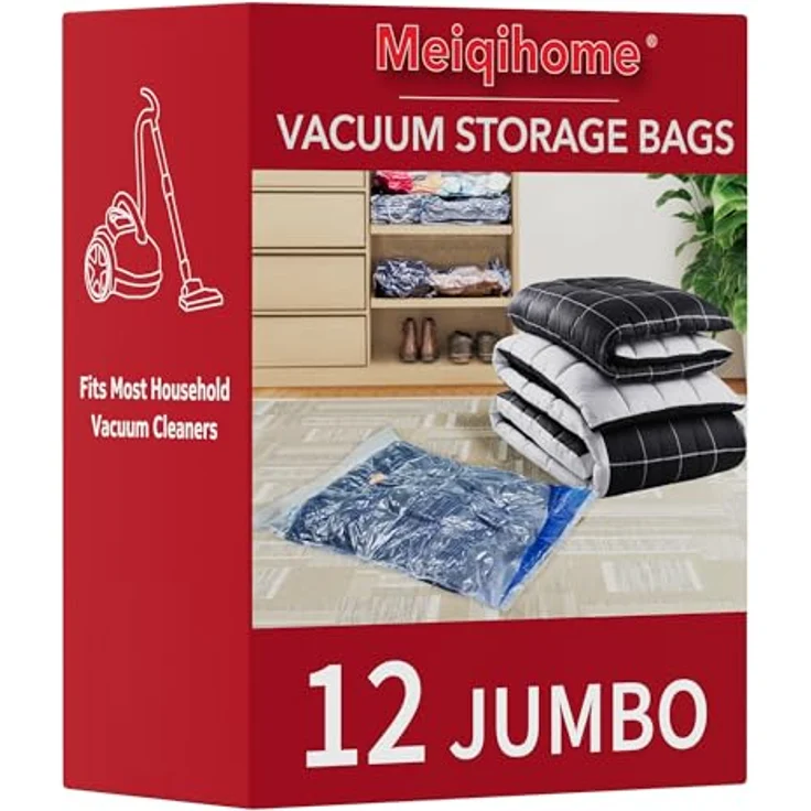 MEIQIHOME Vakuum-Aufbewahrungsbeutel, 12 Jumbo, luftdichte Kompressionsbeutel für Kleidung und Bettwaren, 100 x 70 cm, platzsparend, reißfest und wasserabweisend – Bild 1