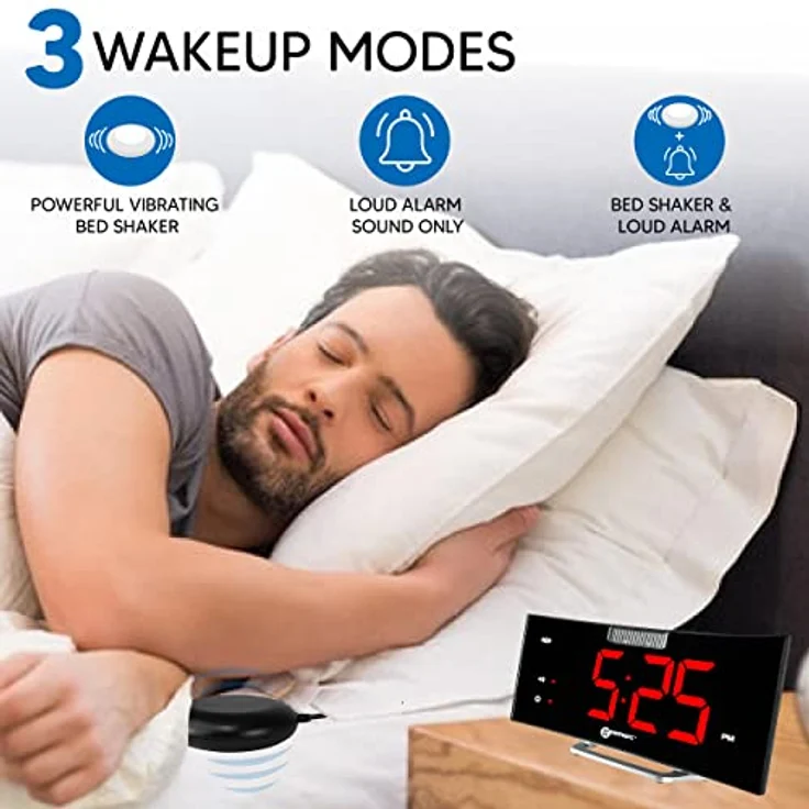 Wecker mit starkem 95dB Alarm, Vibrationskissen, großem Display und Blitzlicht - Die Geemarc Wake 'N' Shake Curve Wird Sie aus dem Tiefschlaf wecken - USB-Ladeanschluss - Version DE – Bild 3
