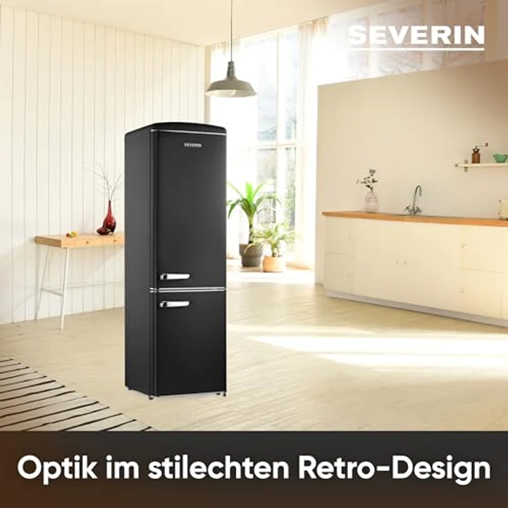SEVERIN Retro Kühl- & Gefrierkombination RKG 8918, schwarz mit Chrom-Applikationen, LED-Beleuchtung, 244 L Nettovolumen, nur 39 dB – Bild 3