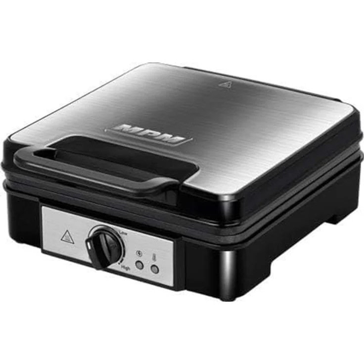 MPM MGO-36M Professionelles Waffeleisen für 4 Dicke belgische Waffeln, antihaftbeschichtete Platten, automatische Temperaturregelung, Edelstahlgehäuse, 1200W, 1200, Negro-Plata – Bild 2