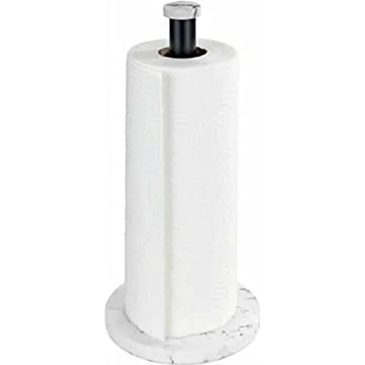 WENKO Küchenrollenhalter Marmor, stehender Halter für Küchenrollen in eleganter Marmor-Optik für die Küche, mit Boden aus Kunststoff und schwarzer Stange aus Metall, (B/T x H): Ø 15 x 32 cm, Weiß – Bild 1