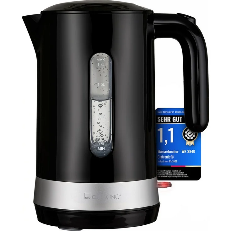 CLATRONIC Wasserkocher WK 3840, 1,8L, 2200W, BPA-frei, kabellos mit Sicherheitsklappdeckel und herausnehmbarem Kalkfilter