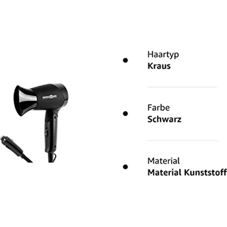 BRUNNER 7202818N Phon Reise-Haartrockner, 12 V, faltbar, platzsparend, Monsun, Schwarz – Bild 3