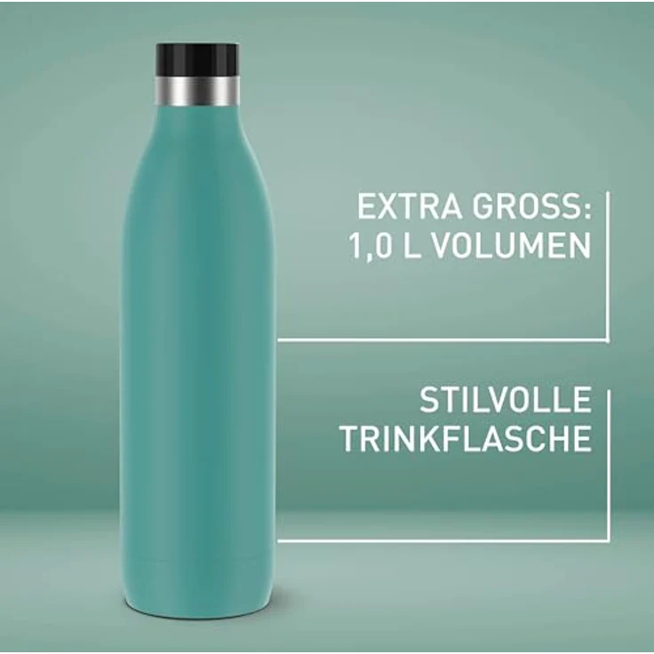 Emsa Bludrop Isolier-Trinkflasche, Edelstahl, 1 Liter, Pulverbeschichtung, Petrol, 20h heiß/40h kalt – Bild 5