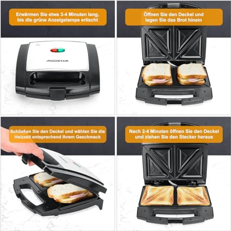 Aigostar Sandwichmaker für Dreieckige Sandwichtoasts, 800 W mit Antihaftbeschichtung, Doppelseitiges Backen bei Konstanter Temperatur, Vertikale Lagerung, Rutschfeste Füße, BPA-frei – Bild 4