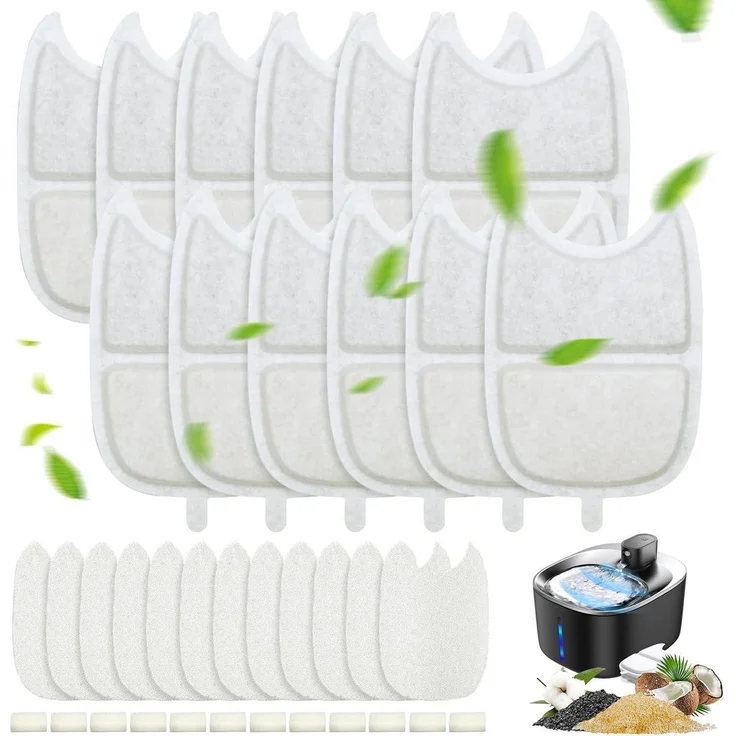 Ouzionz Ersatzfilter-Set für Katzenbrunnen 4L, 12x Kohlefilter, 24x Schaumstofffilter, 3-lagiges Filtersystem mit Aktivkohle & Harz