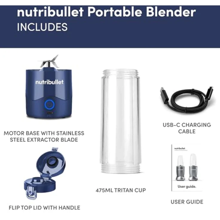 NutriBullet Tragbarer 60-W-Mixer in Marineblau – leistungsstarke Extraktorklinge, 590-ml-Tasse, To-Go-Deckel, USB-C-Ladekabel – Bild 2