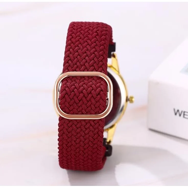 JewelryWe Damenuhr Herrenuhr Geflochten Elastisch, Kalender Analog Quarz Armbanduhr mit 12/24 Stunden Zifferblatt, Weinrot Gewebt Stretcharmband, für Senioren – Bild 3