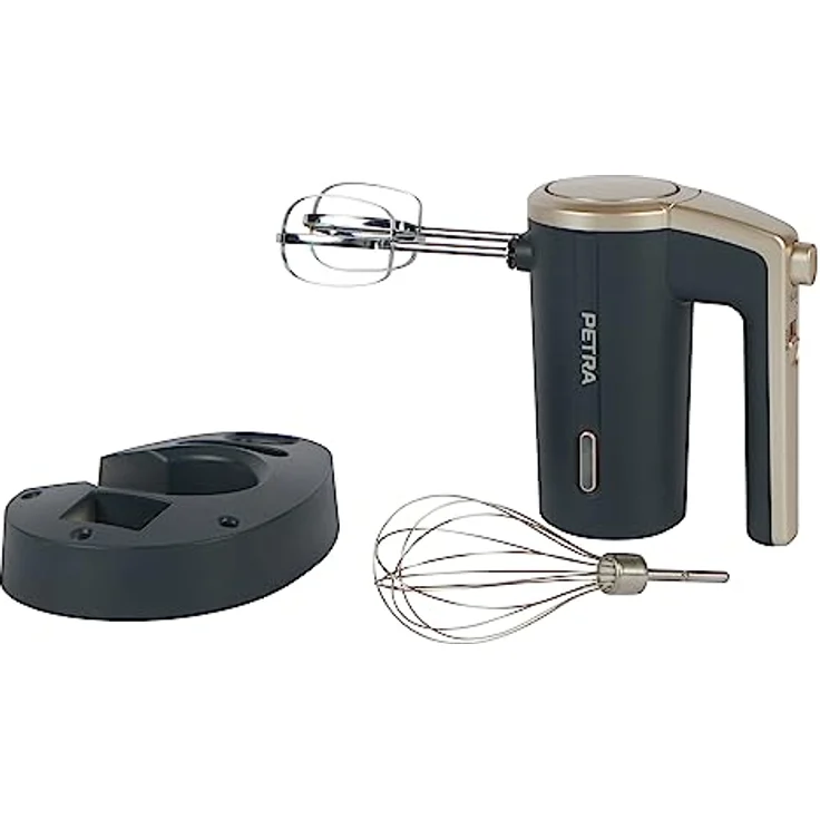 Petra PT5395BGRYVDE Kabellos Handmischer– Anti-Rutsch-Aufbewahrungsbasis, 3 Geschwindigkeitslevel, 2 Mischquirle & Schneebesen aus Edelstahl, Auswurffunktion, LED-Anzeige, wiederaufladbarer 7,2V Akku – Bild 1
