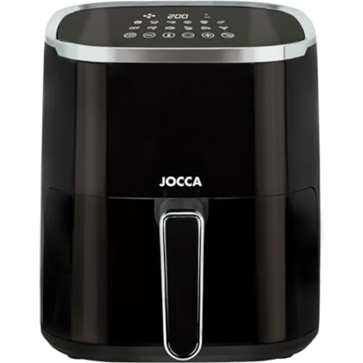 JOCCA Heißluftfritteuse 5L, ölfreie Fritteuse 1450W mit LED Touch Screen, einstellbarer Temperatur und 8 voreingestellten Programmen (Schwarz)