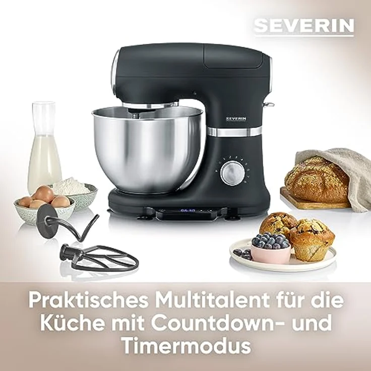 SEVERIN Küchenmaschine mit Waage, große Knetmaschine für bis zu 3 kg Kuchenteig, robuste Teigmaschine mit Knethaken, Flachrührer und Schneebesen, 1.000 W, schwarz, matt/Edelstahl, KM 3898 – Bild 3