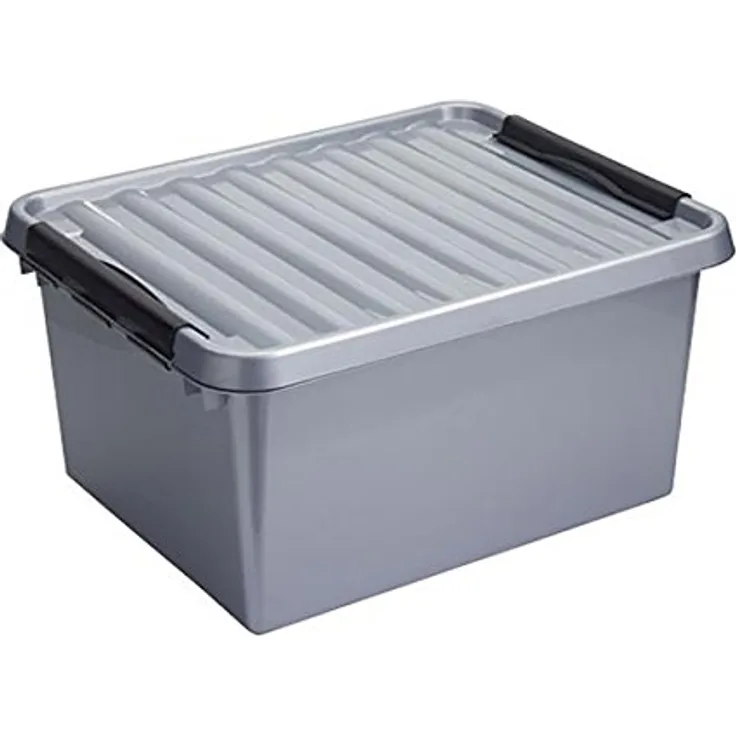 Sunware Q-Line Aufbewahrungsbox, grau, Einheitsgröße - Stapelbare Box mit abschließbaren Clips, 36 Liter Fassungsvermögen, Metallic-Schwarz