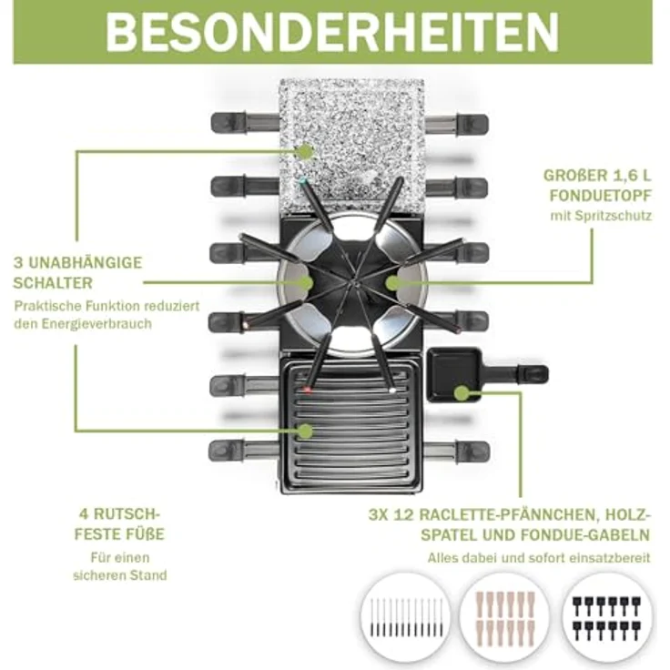 bmf-versand LUTEO® Raclette mit Fondue für 12 Personen, elektrischer Tischgrill mit abnehmbarer Steinplatte und Mini Crepes Maker, 1650 Watt, schwarz, antihaftbeschichtet – Bild 4
