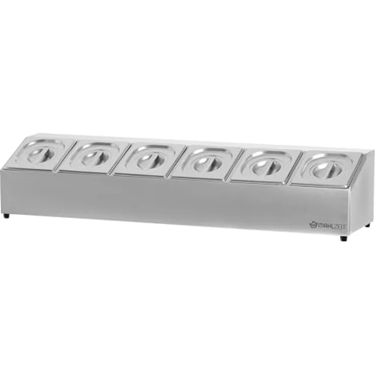 Mahlzeit Edelstahl Zutatenbehälter, 6 x 1/6 GN mit Gummifüßen, 102,5 x 24,5 x 21,5 cm, Cocktail Zutatenbehälter für Gastro, Küche und Buffet
