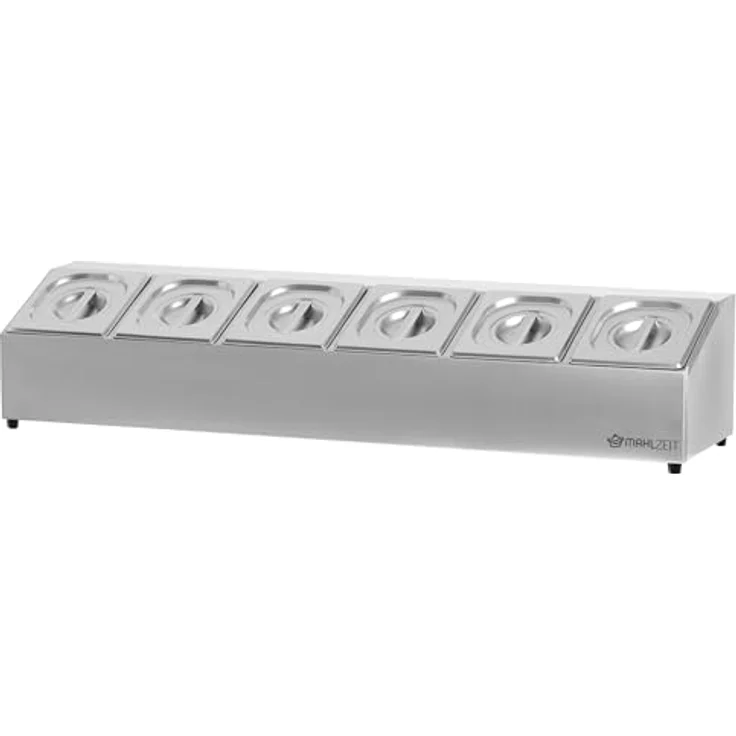 Mahlzeit Edelstahl Zutatenbehälter, 6 x 1/6 GN mit Gummifüßen, 102,5 x 24,5 x 21,5 cm, Cocktail Zutatenbehälter für Gastro, Küche und Buffet – Bild 1