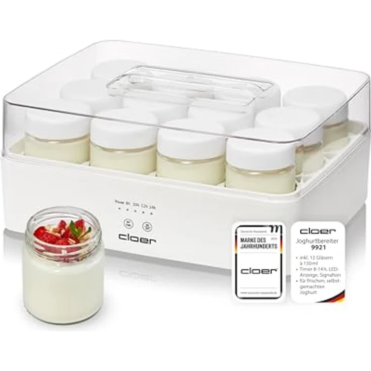 Cloer Joghurtbereiter Cloer 9921, 12 Gläser à 150 ml, Timer mit 4 Einstellungen, weiß – Bild 1
