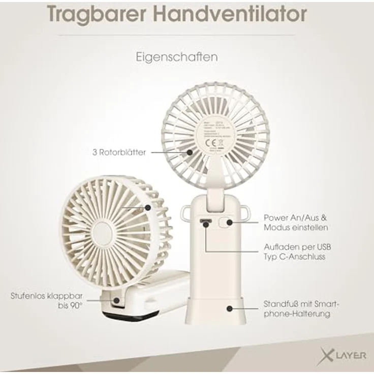 Xlayer Handventilator klappbar mit Smartphone Halterung, 1.200 mAh, 5 Geschwindigkeiten, beige – Bild 2