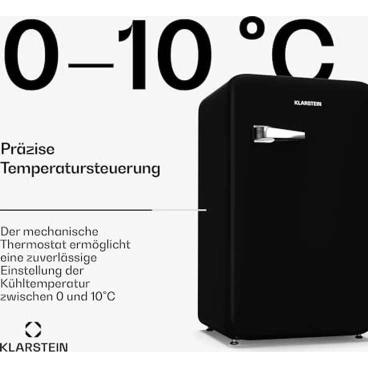 Klarstein Audrey Evo Retro Kühlschrank, 112L, Kühlschrank ohne Gefrierfach, leise 40 dB, wendetür, verstellbare Füße, 0–10 °C, schwarz – Bild 4