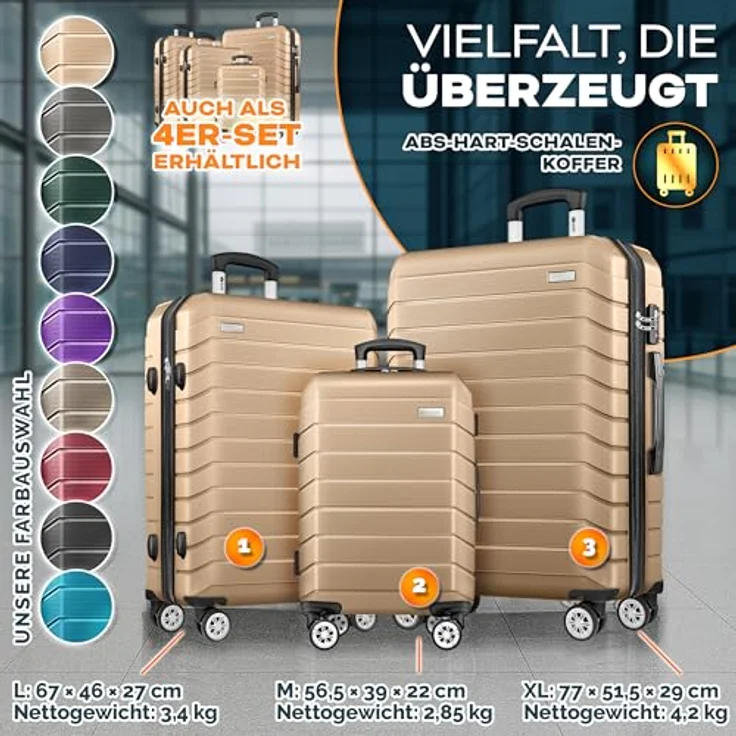tillvex® Reisekoffer Set 3-TLG. Hartschalenkoffer mit TSA Schloss, 4 Rollen, inklusive Gepäckwaage, 6 Koffergurten & 3 Kofferanhängern, S-M-L-XL (Champagner) – Bild 5