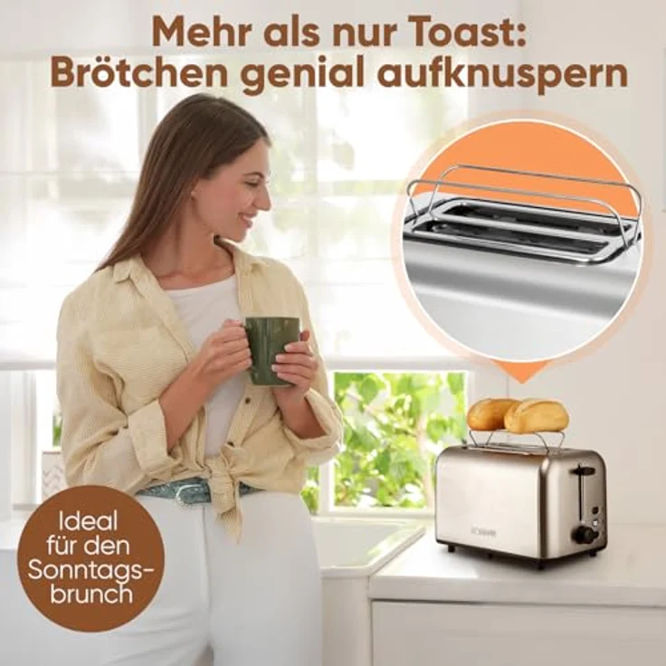Bomann® Toaster TA 6080 CB, 2 Scheiben mit integriertem Brötchenaufsatz, extra breite Toastschlitze, Edelstahlgehäuse, Auftau-/Aufwärm-Funktion, stufenloser Bräunungsgrad – Bild 2
