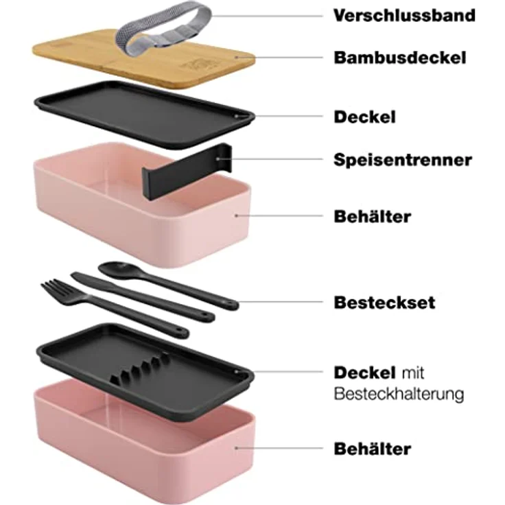 Moritz & Moritz Lunchbox Bento Box pink, Kunststoff, Bambus, Elasthan, 10-tlg Set, inkl. Besteck-Set – Bild 2