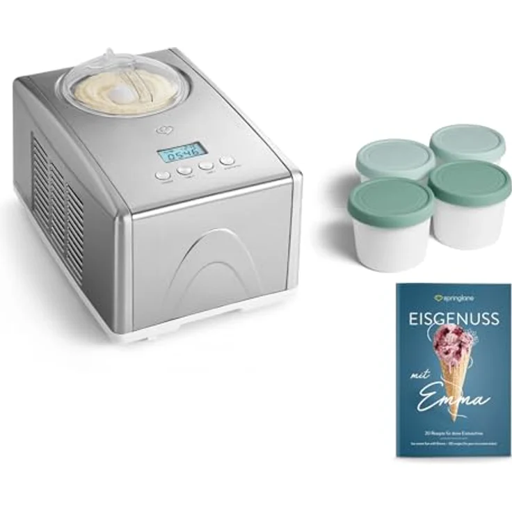 Springlane Kitchen Eismaschine Emma 1,5 L mit selbstkühlendem Kompressor 150 W, aus Edelstahl mit entnehmbarem Eisbehälter, inkl. Rezeptheft (Silber, Emma Silber + 4 Eisbehälter Mini Mint) – Bild 1