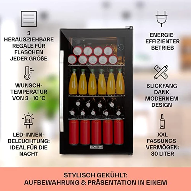 Klarstein Beersafe XXL Onyx Getränkekühlschrank, freistehend, schwarz, Panoramaglastür, Energieklasse E – Bild 3