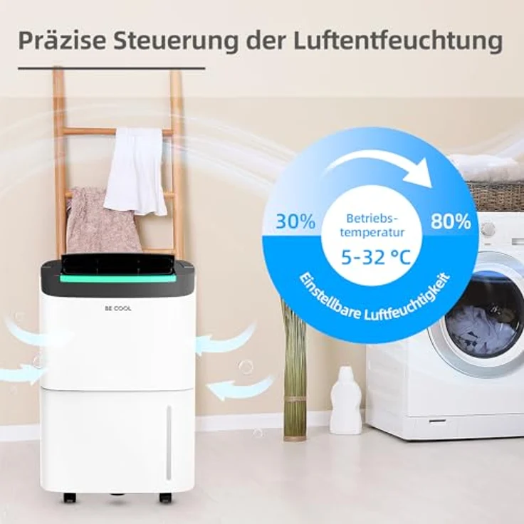 Be Cool Luftentfeuchter 50l BC50LEF2301, Entfeuchtung 50l/24h, 7l Tank, Timer, für 125m³/50m², Laufrollen – Bild 3