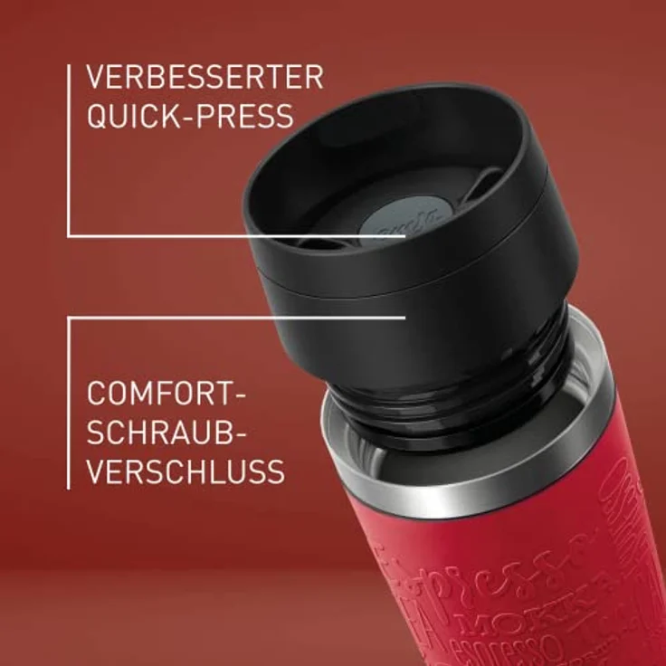 Emsa N20222 Travel Mug Classic Isolierbecher 0,5 Liter | neuer Komfort-Schraubverschluss | Edelstahl | 6h heiß und 12h kalt | 100% dicht | spülmaschinenfest | 360°-Trinköffnung | Dunkelrot – Bild 3