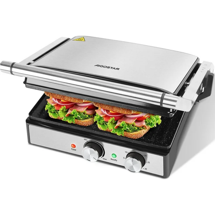 Aigostar Paninigrill Samson - XXL Kontaktgrill Panini Grill, Sandwich Maker, 2000 Watt, 2000,00 W, 2000W, verstellbarer Temperaturbereich: 190 - 230℃, rostfreier Stahl, antihaftbeschichtet