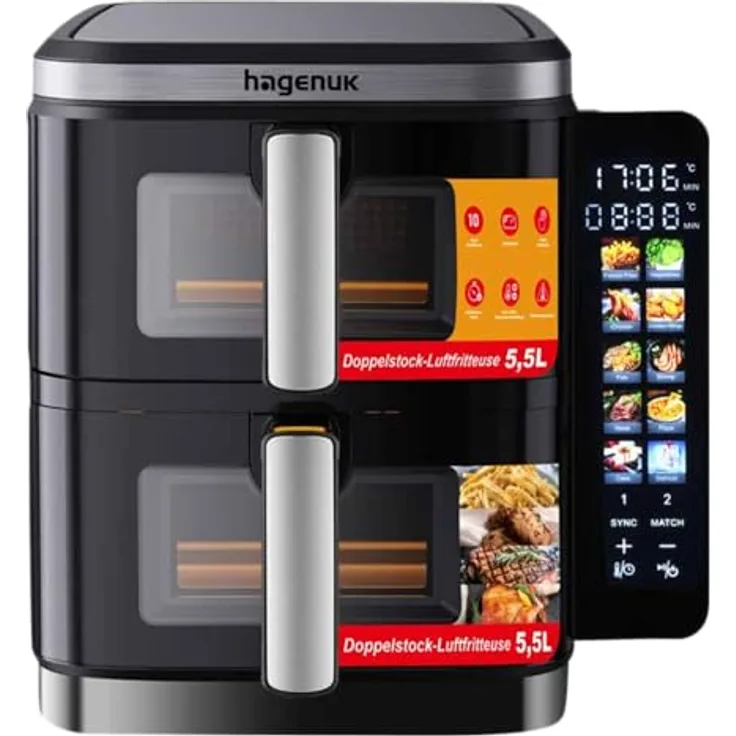 Hagenuk DUAL ZONE Heißluftfritteuse, 12 Liter, 2800 W, Digitales Farbdisplay, 10 Programme, Sichtfenster, Synchronisierungsfunktion