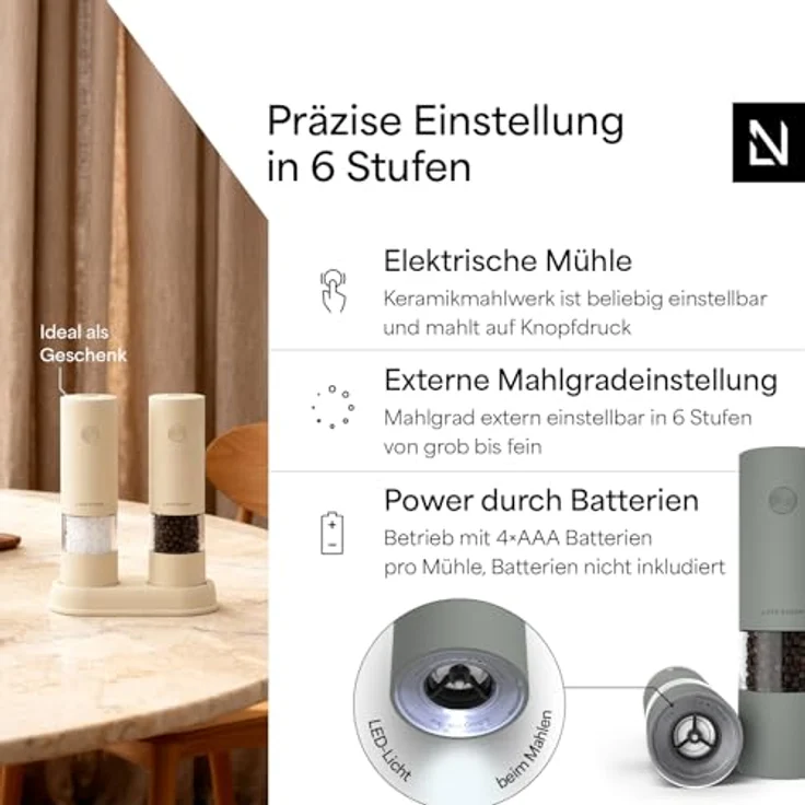 LARS NYSØM Gewürzmühle Kryd, elektrisches Salz- und Pfeffermühlen Set mit stufenlosem Keramikmahlwerk, 2 Stück – Bild 2
