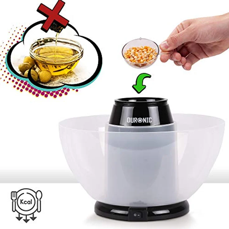 Duronic POP50 BK Popcornmaschine | Heißluft ohne Fett & Öl | 1200 Watt | inkl. Messbecher | für 50 Gramm Mais | abnehmbare Schüssel | Ölfreies Popcorn | Kalorienarm | Schwarz – Bild 3