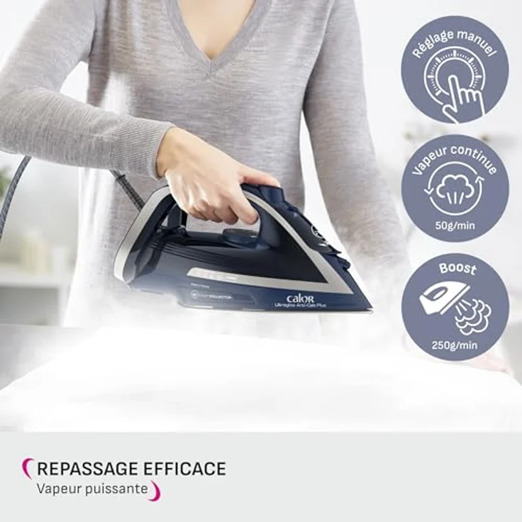 Calor Ultragliss Calc Plus 2800 W Bügeleisen konstante Durchflussmenge 50 Dampfbügeleisen Funktion 250 g-min, Antikalk-System, Eco-Modus FV6830C0, Blau-Silber – Bild 4