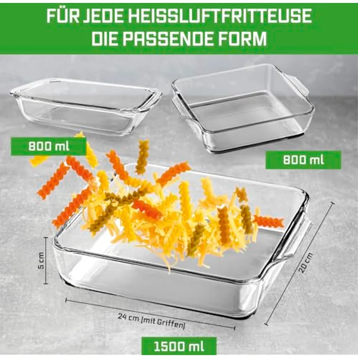 GOURMETmaxx Auflaufform für Heißluftfritteuse & Ofen, 1500 ml Borosilikatglas, rechteckig, temperaturbeständig von -20 bis +460 °C, inkl. 2 Griffe, spülmaschinengeeignet – Bild 2