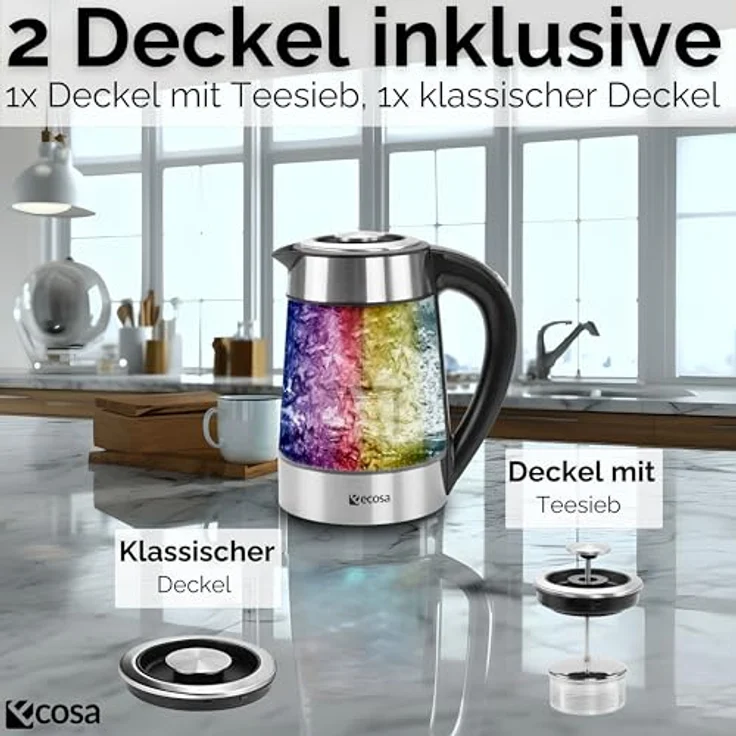 Ecosa® 2in1 Wasserkocher & Teekocher, Glas Edelstahl, 1,7 Liter, 2200 Watt, Temperatureinstellung 40°C-100°C, LED, Warmhaltefunktion, BPA-frei – Bild 3