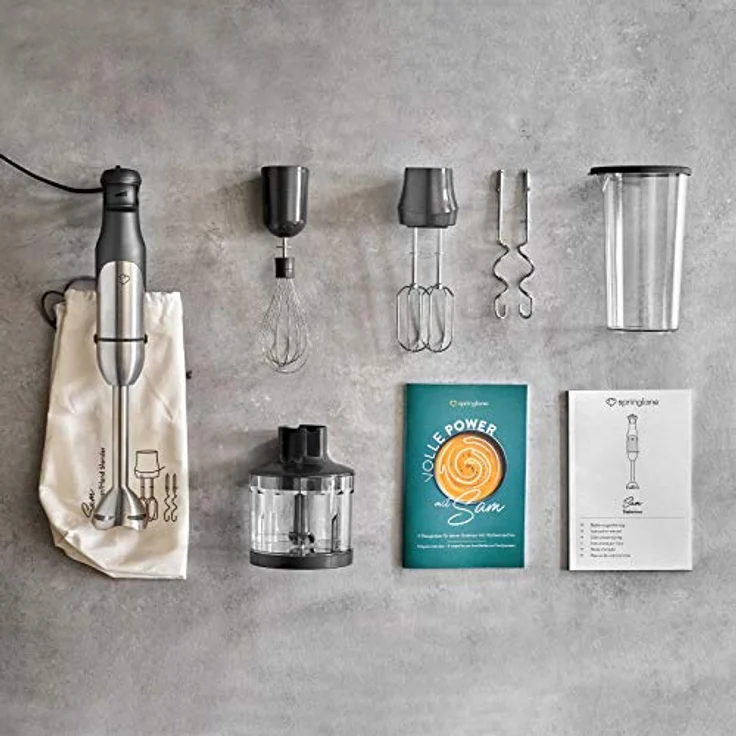 Springlane Stabmixer Set Sam aus Edelstahl, 800,00 W, inkl. Pürierstab, Zerkleinerer, Schneebesen, Rühr- & Knethaken, Aufbewahrungstasche – Bild 4